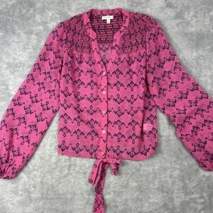 Womens M Sheer Long Sleeve Button Split Neck Blouse Waist Drawstring Pink Navy
